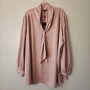 Adrianna Papell Top Womens 3X Powder Pink Tie Neck Feminine Quiet Luxury Classic